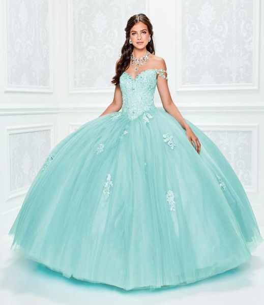 Impresionante vestido de fiesta de encaje con cuentas Vestidos de quinceañera Apliques con escote en los hombros Vestidos de fiesta con envoltura Tul Hasta el suelo Dulce 13457145