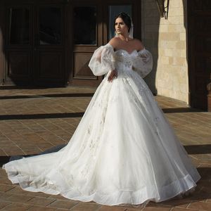 Superbes robes de mariée perlées paillettes à manches longues robes de mariée chéri décolleté une ligne tulle sweep vestido de novia 407