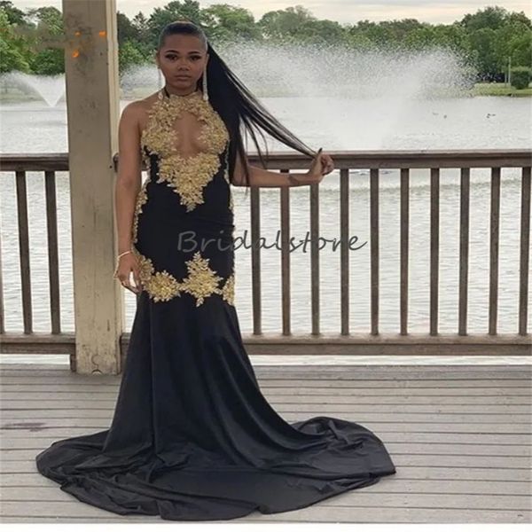 Impresionante vestido de noche negro con encaje dorado, cuello halter, sirena, vestidos de fiesta, elegante satén negro, vestido de fiesta Formal de cumpleaños para niñas, 2024 robe de soiree femmes