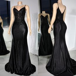 Superbe robe de bal sirène noire pour les femmes noires robes de soirée spaghetti paillettes perles élégantes appliques occasions spéciales illusion robe de soirée