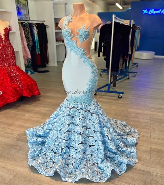 Superbe robe de bal Blue Sermiade avec fleurs 3D Appliques en maille transpare