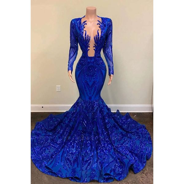 Superbes robes de bal de sirène en dentelle pailletée bleue Vintage à manches longues sexy plongeant col en V formelle Ocn robes de soirée Junior Graduation Wears BC