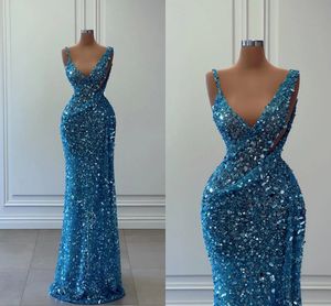 Prachtige blauw lovertjes prom -jurken sexy v nek mouwloze zeemeermin avondjurken bling kralen pailletten lange gewaden