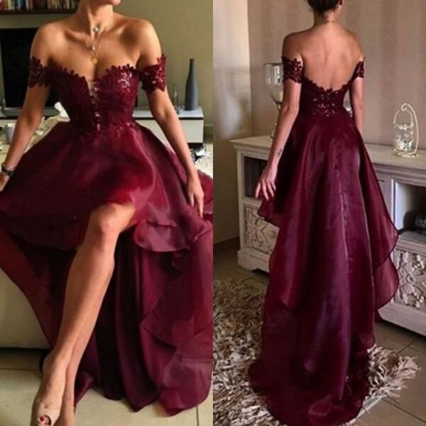 Impresionante vestido de fiesta alto y bajo de color burdeos con hombros descubiertos, apliques de encaje, parte delantera corta, espalda larga, vestidos de fiesta formales, vestidos de fiesta