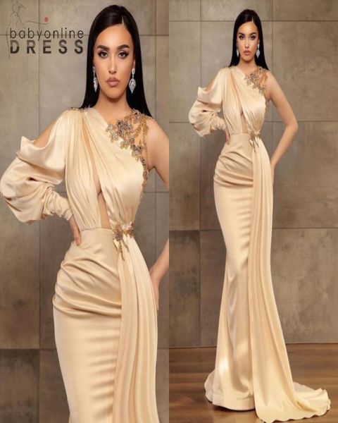 Impresionantes vestidos de noche de Dubai de Champagne Arábico, un hombro, aplique pliegues largos Vestidos de Fiesta Partido formal Occasio6061330