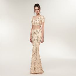 Prachtige champagne gouden zeemeermin prom jurken 2 stuks lange avondjurk glanzende pailletten kralen baanjurken
