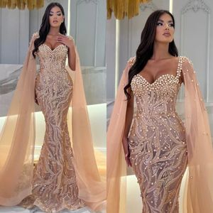 Superbes robes de soirée de sirène champagne élégante avec perles capes chérie paillettes de bal robes robes formelles arabes pour femmes