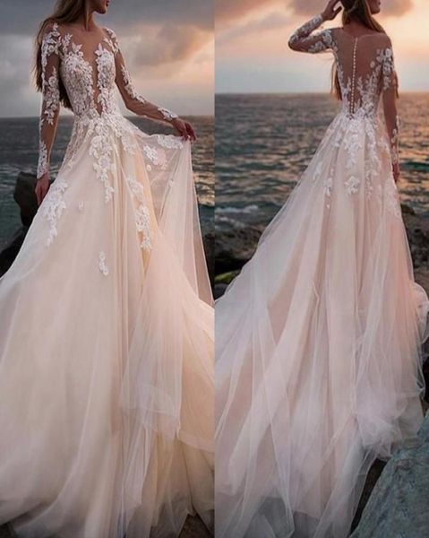 Superbe robe de mariée en tulle champagne appliques de plage une ligne robe de mariée avec dentelle illusion manches longues vestido de novia1389790