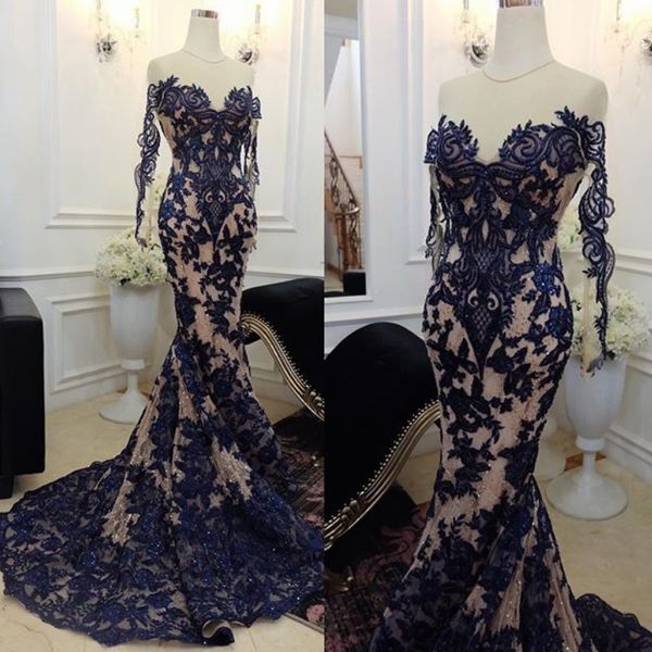 Superbes robes de bal de sirène de charme pure bijou cou perles dentelle appliques robe de soirée à manches longues 2018 sexy voir à travers les robes de soirée