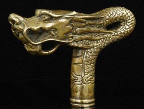 Impresionante China Old Handwork Bronze Dragon Statue Head Walking Stick7220078