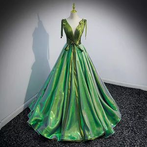 Superbe robe de soirée vert étincelant robes de bal brillantes manches col en V à lacets dos balayage train