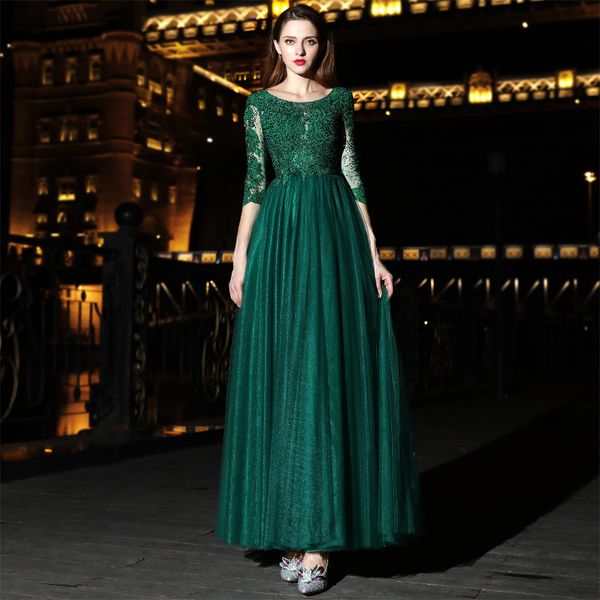 Superbes robes de soirée vert foncé longue robe de bal fermeture éclair dos plis tulle avec perles brillantes dentelle appliques robes de soirée grande taille