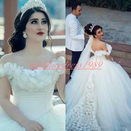Superbe fleur Rose hors épaule robes de mariée Tulle 2019 dit Mhamad arabe robe de mariée formelle grande taille robe de mariée bal de mariée