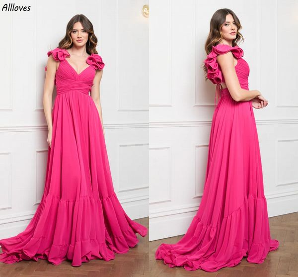 Impresionantes fucsia Una línea Vestidos largos de dama de honor Tren de barrido Volantes Vestidos de fiesta formales para mujeres Pliegues Cuello en V Invitada de boda Vestido de dama de honor CL3391