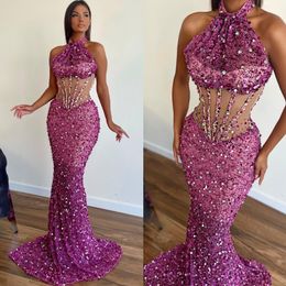 Superbe robe de bal à paillettes fuchsia Robe illusion comité de soirée halter