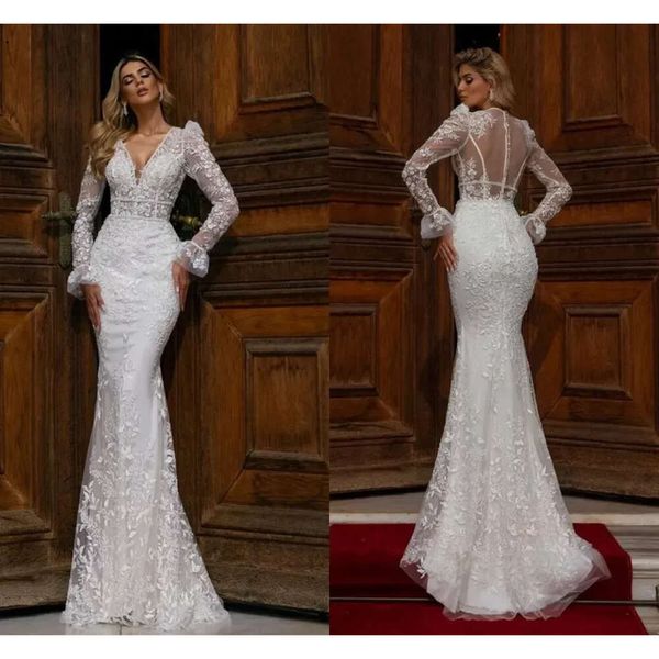 Impresionantes vestidos de novia de manga de encaje completo Sirena sexy Cuello en V profundo Apliques sin espalda transparentes Vestidos de novia largos Túnicas árabes De BC