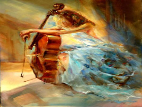 Impresionante retrato femenino pintado a mano puro, pintura al óleo sobre lienzo, hermosa chica impresionista con su violín 7480516