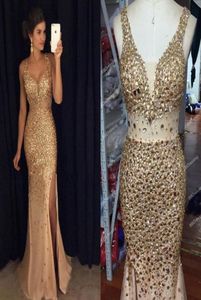 Verbluffende gouden kristal goedkope optochtjurken Kleine Zie door middel van taille 2022 Designer Side splitsen Chiffon Long Prom -jurken jurken83629917423