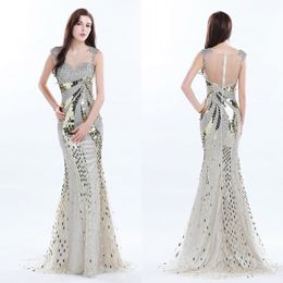 Prachtige gouden lovertjes prom dresses sheer halslijn mouwloze shinny crystal backless mermaid avondjurken prachtige beroemdheid feestjurk