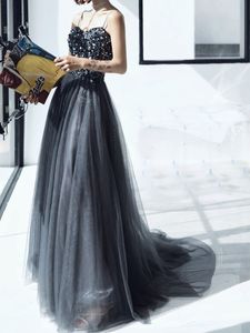 Superbe robe de soirée grise longue robes de bal Spaghetti Tulle avec perles paillettes tenue de fête