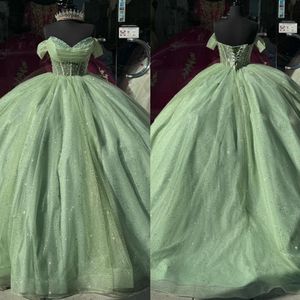 Verbluffende groene prinsesjurken prom baljurk uit schouder pailletten kralen Vestido de quinceanera glitter 15 maskerade jurk