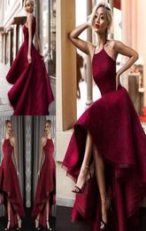 Prachtige hoog lage prom -jurken Lange Aline Halter Neck Lace Formele jurk Bourgondië goedkope feestjurk4427555