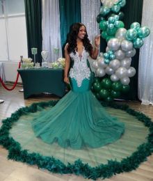 Superbe chasseur vert sirène plume robes de bal sexy col en V profond appliques perles filles africaines bal robes de soirée Graduation robe BC16152