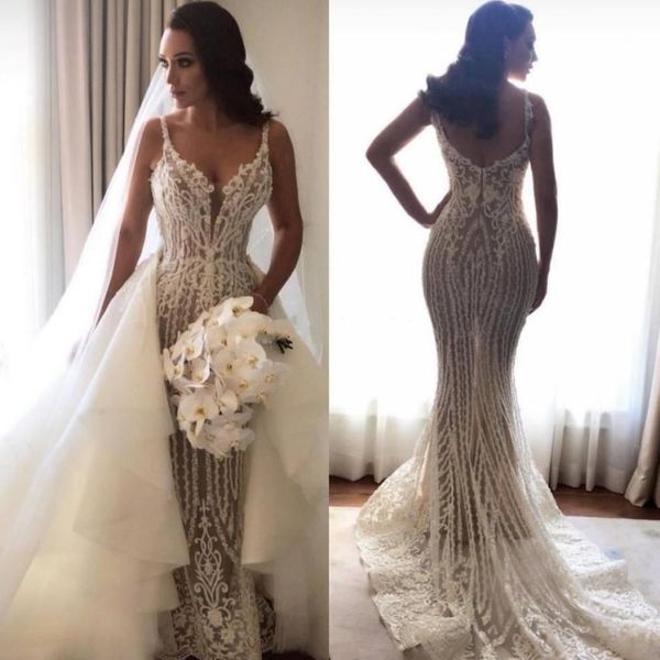 Superbes robes de mariée sirène illusion overskirts dentelle appliques robes de mariée avec train détachable robe de mariée découpée