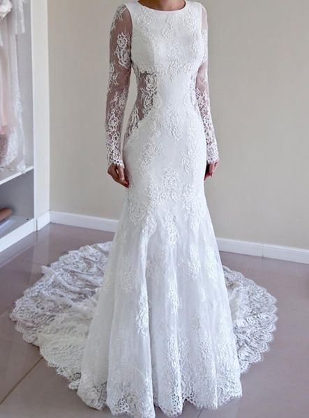 Superbe bijou manches longues illusion tribunal train gaine robe de mariée blanche avec dos ouvert pleine dentelle dans la doublure robe de mariée sirène