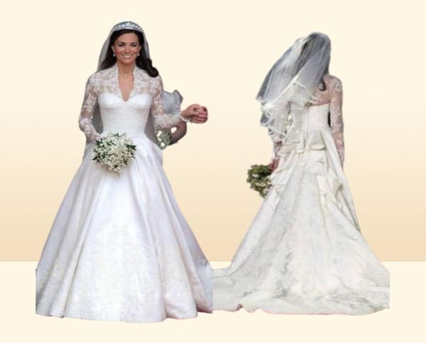 Impresionantes vestidos de novia de Kate Middleton Vestidos de novia modestos reales de encaje Mangas largas Volantes Tren de la catedral por encargo Alto Quali4357493