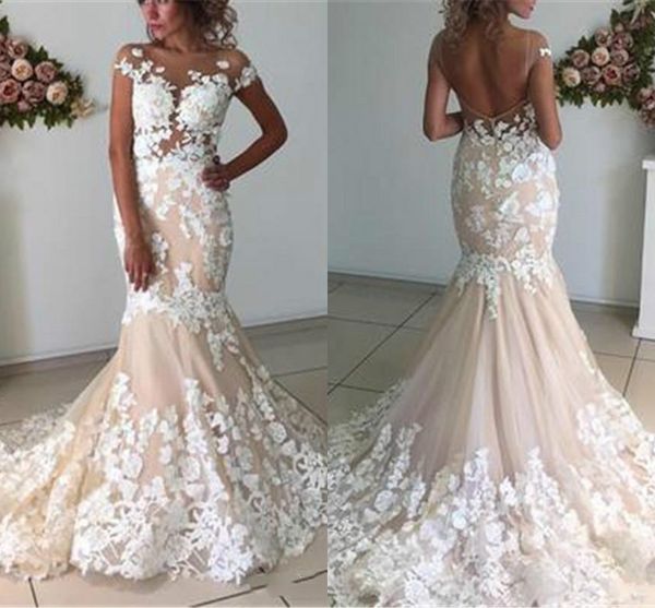 Impresionante jardín de encaje sin espalda sirena vestidos de novia Sheer Country árabe más tamaño país africano vestido de novia tren vestido de novia personalizado