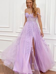 Prachtige lichte paarse avondjurken voor tieners Junior Party Celebrity Dress A Line Spaghetti Braps Appliq Lace TuLle Lange prom -jurken BC18493 PPLIQ PPLIQ PPLIQ