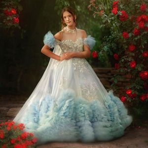Prachtige lichte hemelsblauwe meisjes optocht jurken 2023 kralen Appliques met wrap kinderen fotoshoot jurk ruches bloemenmeisjesjurk voor bruiloften