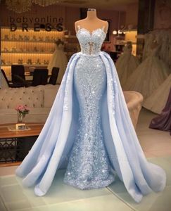 Superbes robes de bal sirène bleu ciel clair avec jupe détachable sexy dos nu chérie illusion appliques perles paillettes longues robes de soirée BC10911