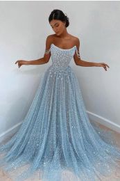 Prachtige lichte hemelsblauwe lovertjesavondjurken Sexy spaghetti -band Backless Sheer Tule Blingbling pailletten lange formele gelegenheid prom -jurken