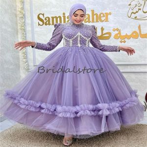 Prachtige Lila Abaya Avondjurk Met Kralen Elegante Maxi Lange Mouwen Moslim Galajurken Islamitisch Arabisch Robe Soiree Plus Size robe de soiree 2024 vestido de festa