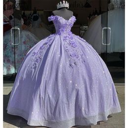 Superbe robe de bal lilas Quinceanera robes 3D Appliques perles à lacets dos longueur de plancher robes de soirée de bal filles mexicaines robes de 15 anos fête porte