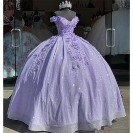 Prachtige Lila Baljurk Quinceanera Jurken 3D Applicaties Kralen Lace-up Back Floor Lengte Prom Avondjurken Mexicaanse Meisjes Vestid312f