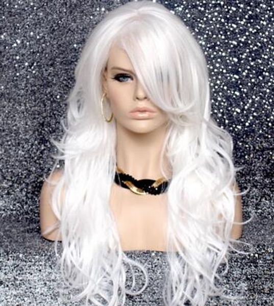 Superbe longue plage lâche ondulée HEAT SAFE WIG frange Skin Top Hair White wnta NWT