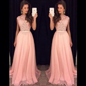 Prachtige lange prom jurken juweel nek pure zien door top kralen kant applicaties a-line blozen roze narcis avond feestjurken
