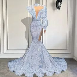 Impresionantes vestidos de fiesta para niñas negras africanas con lentejuelas de terciopelo blanco brillante estilo sirena sexy con cuello alto y manga larga