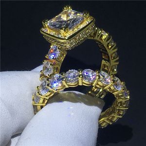Superbes bijoux de luxe 925 Sterling SilverGold Fill Princess Cut White Topaz CZ Diamond Promise Women Wedding Engagement Band Ring Gift