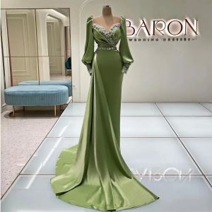 Superbe sirène perlée robes de bal pure décolleté en coeur robes de soirée manches longues appliqué balayage train satin surjupe robe formelle 2023