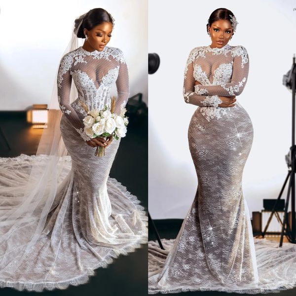 Superbe sirène dentelle robes De mariée grande taille robes De mariée manches longues Appliques bijou cou point Tulle robe De Novia