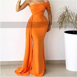 Superbe sirène Orange robes de bal avec Streamer une épaule longue longueur de plancher femmes robe de bal fête