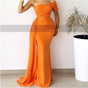 Prachtige zeemeermin oranje prom jurken met streamere een schouder lange vloer lengte vrouwen prom dress party