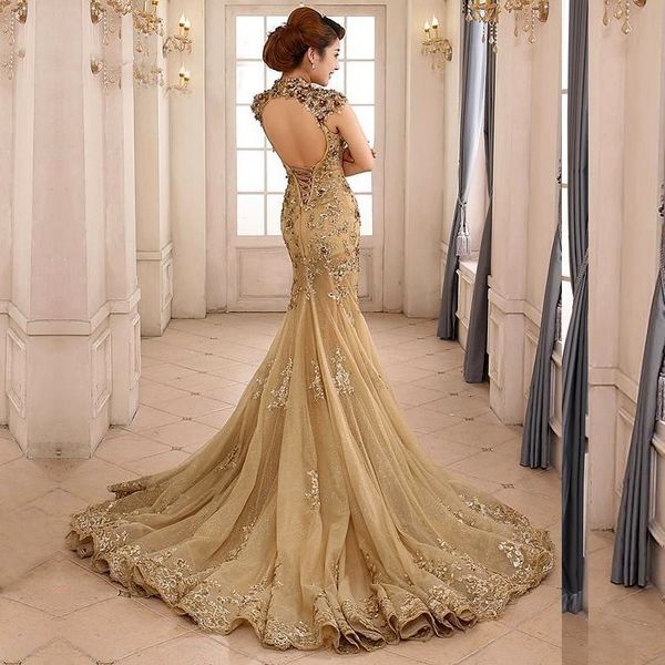 Superbe robe de soirée en tulle sirène col haut doré appliques dos nu sexy robe de tapis rouge incroyable formelle longue soirée robes de soirée