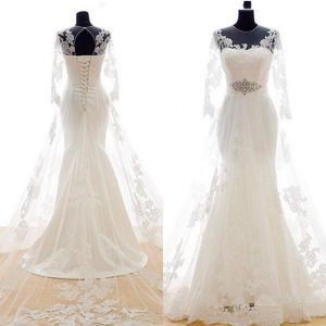 Superbe robe de mariée sirène pure sur la jupe bijou cou illusion manches longues dentelle appliques robes de mariée cristaux lacets dos