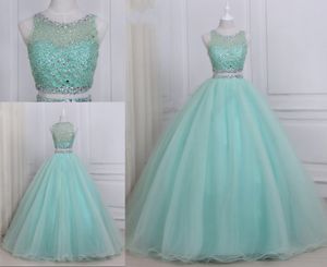 Prachtige Mint Baljurken Prom Jurken Twee Stukken Tule Luxe Rhinestones Beaded Hollow Back Jewel Sheer Neck Long Party Avondjurkjurken