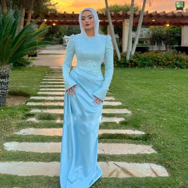 Superbes robes de soirée musulmanes avec hijab, col bijou, manches évasées, paillettes, robe de soirée formelle, jupe plissée en satin, robe de bal pour femmes arabes de Dubaï
